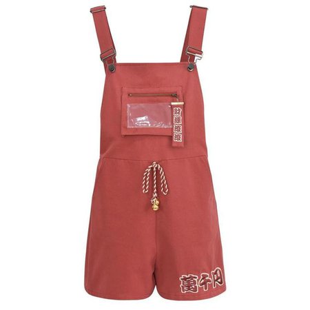 Lucky Cat Embroidery Ears Bell Overall Shorts