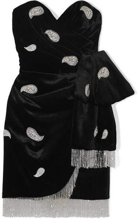Strapless Crystal-embellished Fringed Velvet Mini Dress - Black