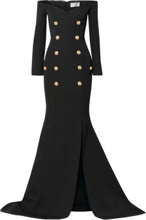 Off-the-shoulder Button-embellished Grain De Poudre Wool Gown - Black