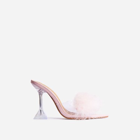Runway Fluffy Pointed Peep Toe Clear Perspex Pyramid Heel Mule In Pink Faux Leather | EGO
