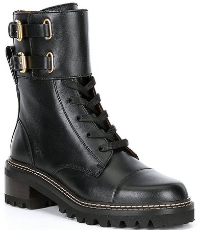 See by Chloe Mallory Military Leather Chunky Lug Sole Combat Booties