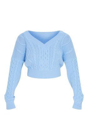 BABY BLUE CABLE KNIT V NECK CROP SWEATER