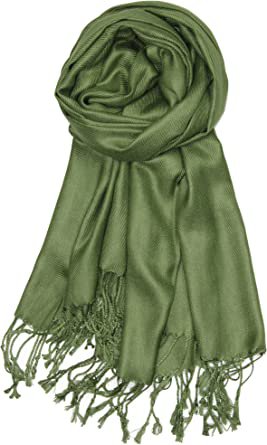 Achillea Large Soft Silky Pashmina Shawl Wrap Scarf in Solid Colors (Olive Green) at Amazon Women’s Clothing store