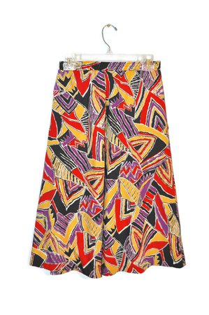 Vintage Patterned Midi Skirt Abstract Geometric Print Elastic