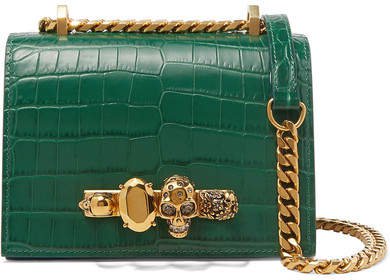 Jewelled Satchel Small Embellished Croc-effect Leather Shoulder Bag - Green