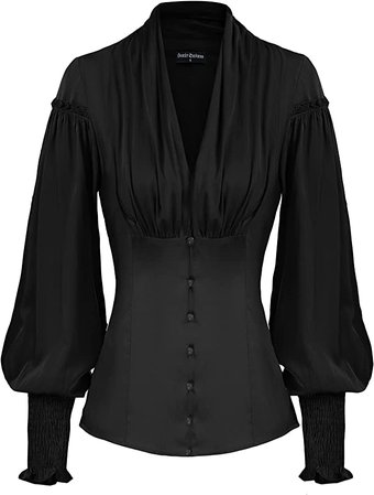 Scarlet Darkness Women Victorian Blouse Button Down V Neck Shirt Ruffle Top 79-Black 2XL at Amazon Women’s Clothing store