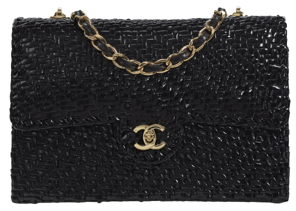 CHANEL BLACK LACQUERED WICKER FLAP BAG WITH GOLD HARDWARE