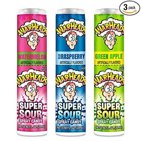 Amazon.com : Warheads Super Sour Spray Variety | By Blue Clover Foods| Raspberry, Green Apple, Watermelon Sour Candy Flavors | Pack Of 3, One Of Each Flavor : Grocery & Gourmet Food