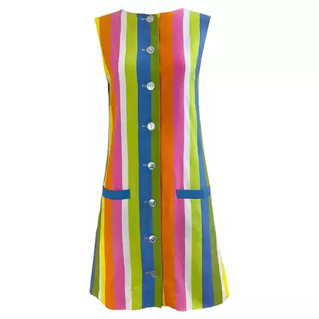 Chic 1960s Colorful Striped Linen Blend Vintage 60s Mod Shift Dress For Sale at 1stDibs