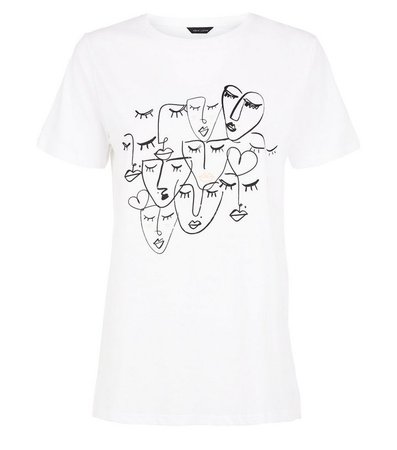 White Abstract Face Print T-Shirt | New Look