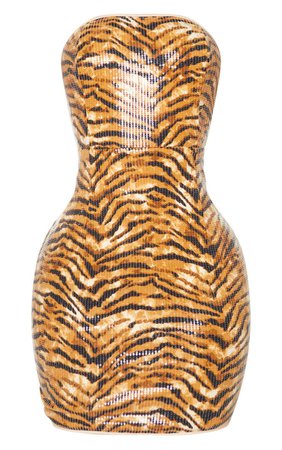 Shape Brown Tiger Print Bandeau Sequin Bodycon Dress - New In | PrettyLittleThing