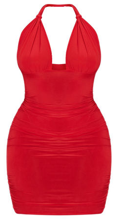 PLT- plus red slinky cup detail halterneck ruched bodycon dress