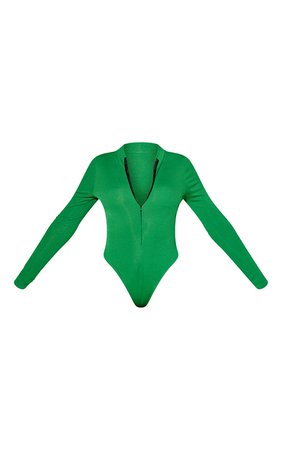 Bright Green Rib Zip Up Long Sleeve Bodysuit | PrettyLittleThing USA