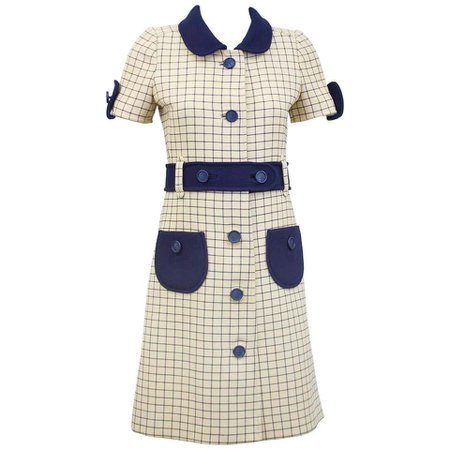 1960s Courreges Cream and Navy Blue Windowpane Day Dress For Sale at 1stdibs