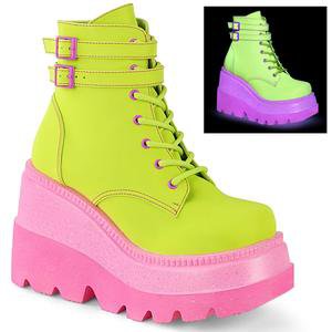 Lime Reflective Vegan Leather Lace Up Wedge Platform Ankle Boots By De
