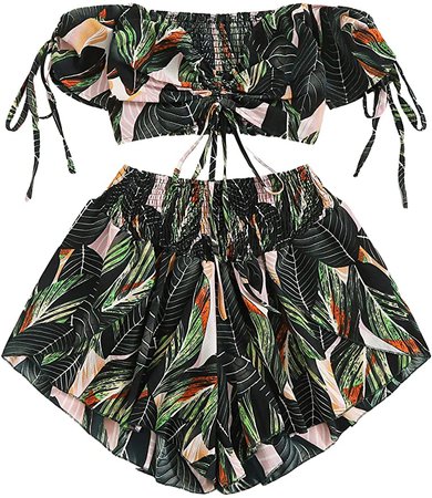 SheIn Women's Boho Floral Two Piece Outfit Off Shoulder Drawstring Crop Top and Shorts Set at Amazon Women’s Clothing store