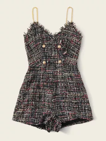 Double Breasted Tweed Cami Romper | SHEIN USA