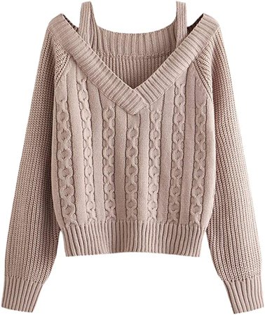SweatyRocks Women's Casual Cold Shoulder Strappy Long Sleeve Cable Knit Sweater Burgundy XL at Amazon Women’s Clothing store