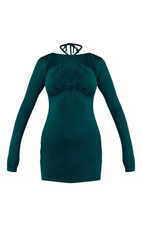 Emerald Green Slinky Trim Detail Bodycon Dress | PrettyLittleThing USA