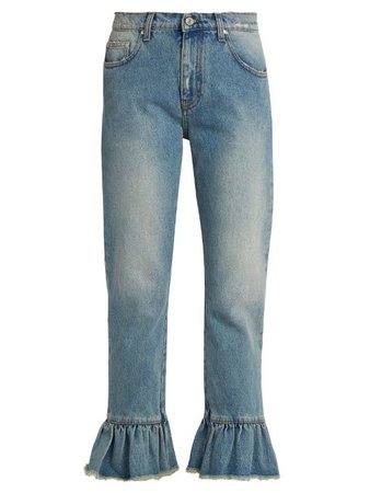 Ruffled-Hem Cropped Jeans, Light-Blue