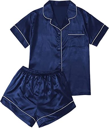 Verdusa Women's 2pc Satin Nightwear Button Front Sleepwear Short Sleeve Pajamas Set Navy at Amazon Women’s Clothing store