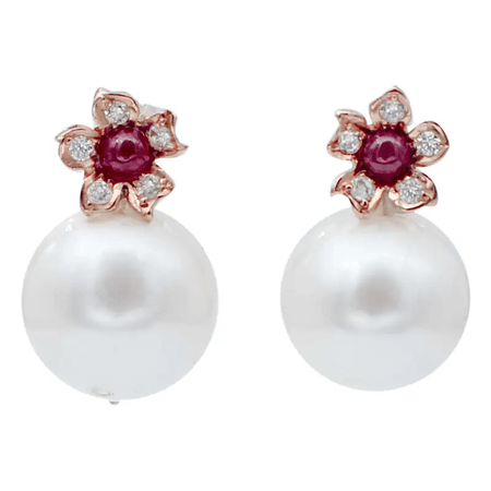 White Pearls,Rubies,Diamonds,Rose Gold Stud Earrings.