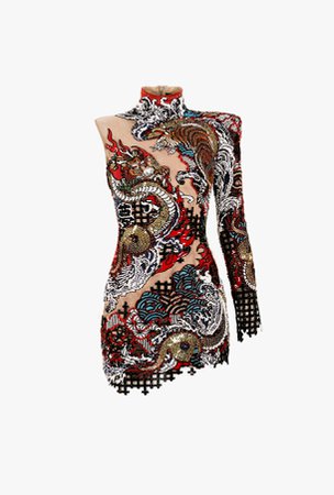 Multicolored Asymmetrical Embroidered Fishnet Short Dress for Women - Balmain.com