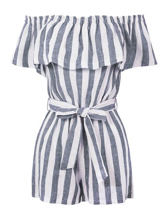 LE3NO Womens Summer Linen Striped Off Shoulder Flounce Ruffle Belted Romper Jumpsuit | LE3NO grey white