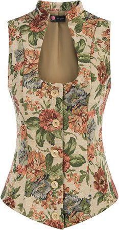 Women's Slim Fitted Ruffle Steampunk Waistcoat Flower Jacquard Vest Shirt Jacket(M, Flower Jacquard Khaki) at Amazon Women's Coats Shop
