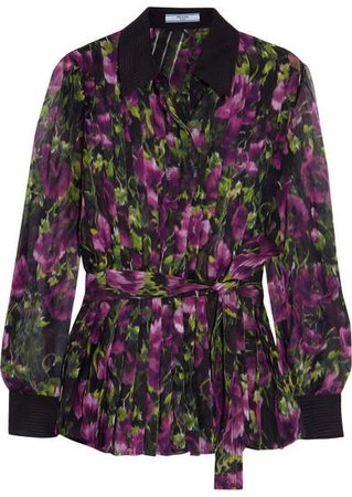 Pleated Floral-print Silk-crepon Blouse - Purple