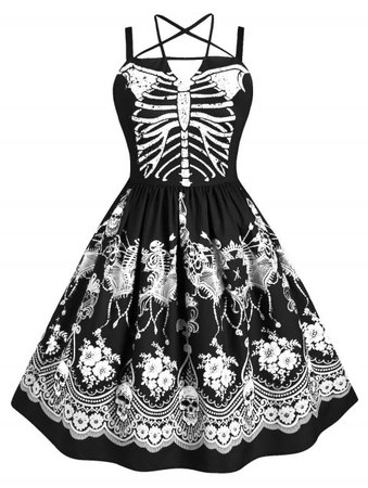 [37% OFF] 2019 Skeleton Print Halloween Harness Criss Cross Plus Size Dress In BLACK | DressLily