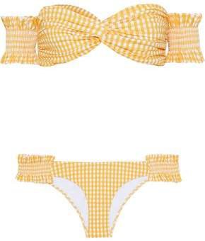 Andros Off-the-shoulder Twist-front Shirred Gingham Bikini