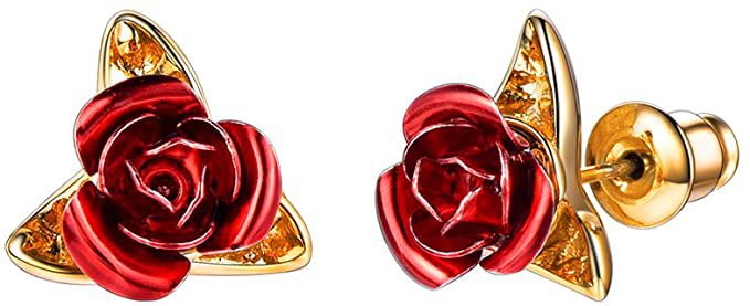 Amazon.com: Floral Stud Earrings 925 Silver Post 18K Gold Plated Red Rose Flower Earrings for Women Girls: Clothing, Shoes & Jewelry