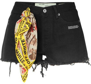 Scarf-embellished Distressed Denim Shorts - Black