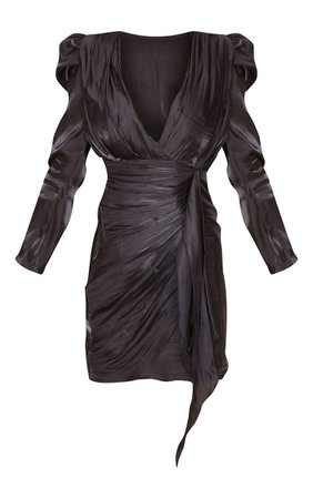 Black Shimmer Satin Drape Pleat Detail Bodycon Mini Dress | PrettyLittleThing USA