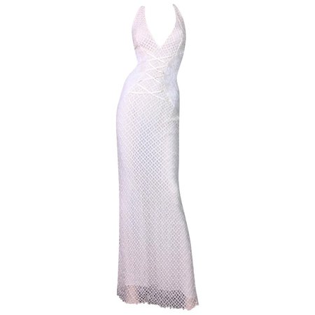 S/S 2002 Gianni Versace Sheer Ivory Plunging Corset Lace Gown Dress For Sale at 1stdibs