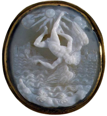 The Fall of Icarus, made in Italy in the late sixteenth century. A cameo (agate, onyx) with a gold frame. 2.7 x 2.4cm (a square inch). Some of the waves are less than 1mm.