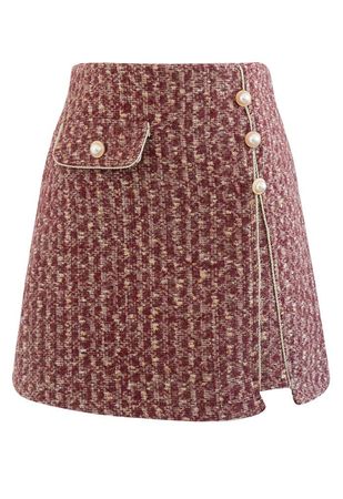 Buttoned Tweed Mini Bud Skirt in Red - Retro, Indie and Unique Fashion