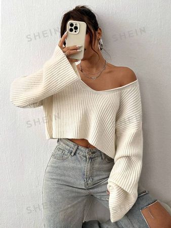 Solid Drop Shoulder Crop Ribbed Knit Sweater | SHEIN