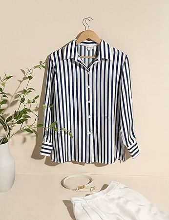 LilySilk Womens 100% Silk Shirt Ladies Blue White Pinstripes Blouse with V Neck and Long Sleeve Work Casual All Season at Amazon Women’s Clothing store
