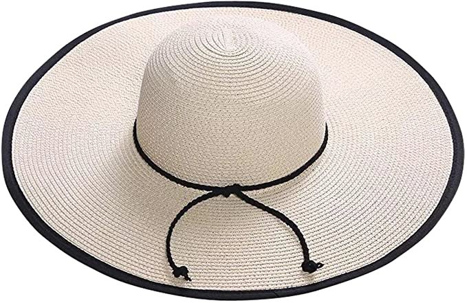 Lanzom Womens Wide Brim Straw Hat Floppy Foldable Roll up Cap Beach Sun Hat UPF 50+ (Style B-Black) at Amazon Women’s Clothing store