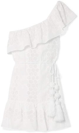 Summer One-shoulder Crocheted Cotton-voile Mini Dress - White