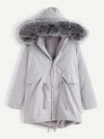 Grey Faux Fur Trim Drawstring Fleece Inside Hooded Coat