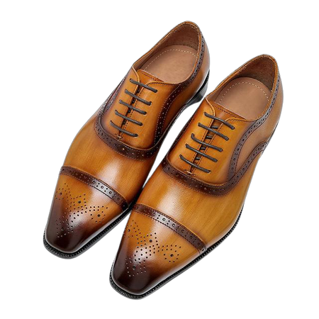 Men Genuine Wingtip Leather Oxford Shoes Pointed Toe Lace-Up Oxfords Dress Brogues Wedding Business Brown