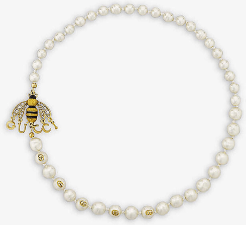 Gucci Bee brass, crystal and faux-pearl necklace