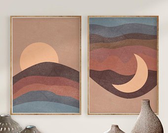 Sun and Mountain Print Set of 2 Abstract Landscape | Etsy