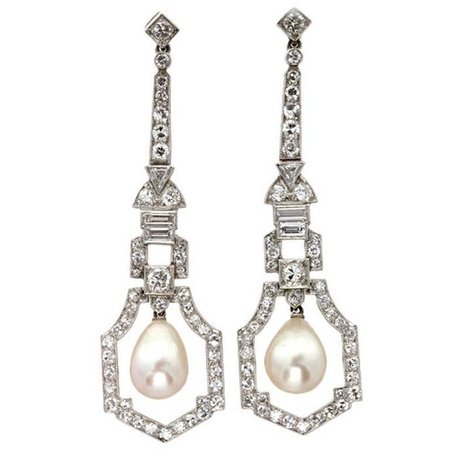 Art Deco Natural Pearl Diamond Platinum Drop Earrings For Sale at 1stdibs