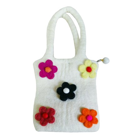 white fuzzy felt flower hand bag