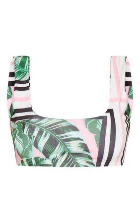 Pink Palm Scoop Neck Bikini Top | Swimwear | PrettyLittleThing
