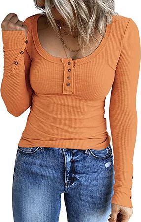 Kissfix Women's Cute Clothes Long Sleeve Shirts Casual Henley Top Button Down Blouses Basic Ribbed Knit T Shirts Orange at Amazon Women’s Clothing store